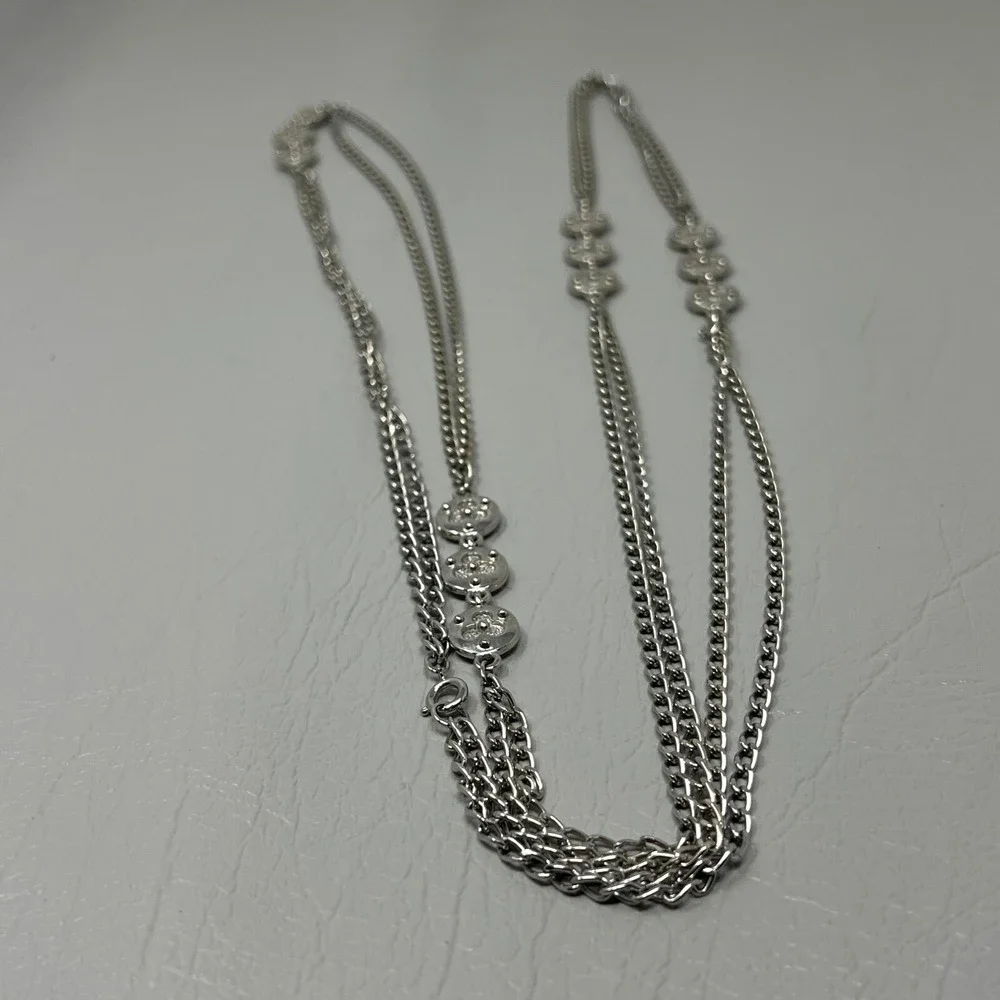 Vintage Silver Tone Chain Necklace Beaded Stations 56 inches‎